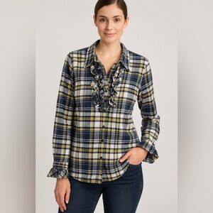 Cabi Blue Yellow Plaid Flannel Ruffle 100% Cotton Button Down V Neck Top Medium